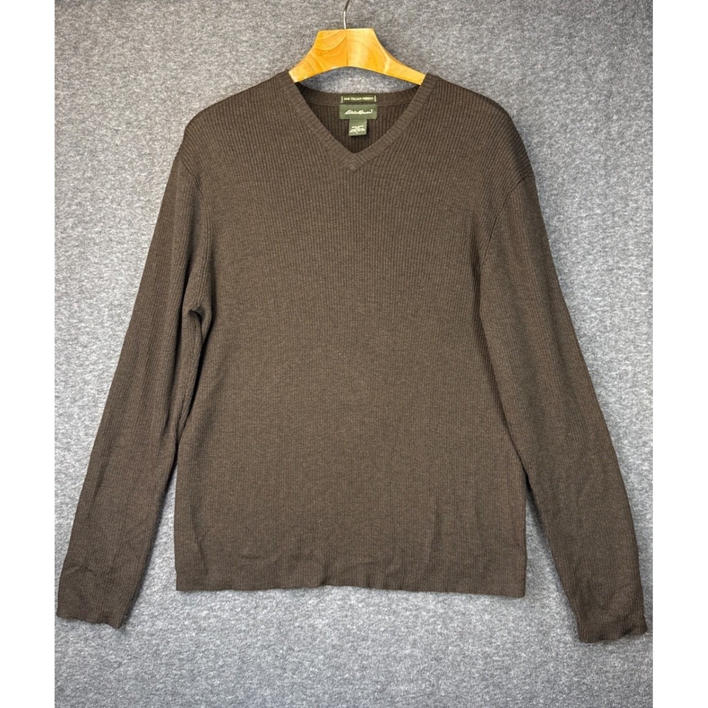 Eddie Bauer Fine Italian Merino Wool Ribbed V-Neck Sweater Mens L Luxury Upscale